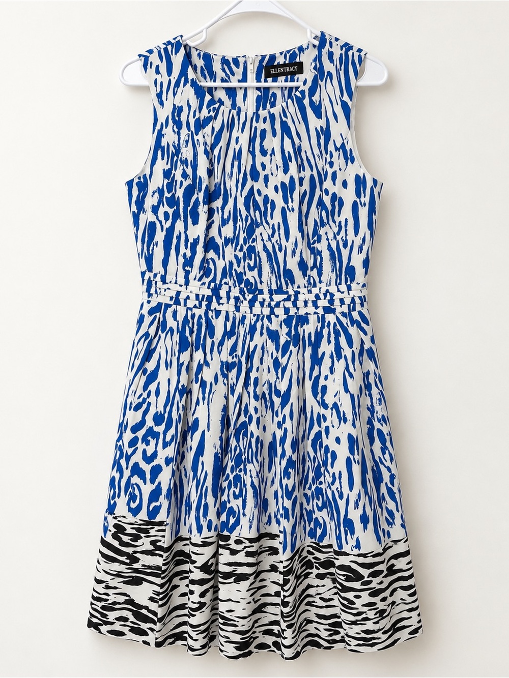 Ellen Tracy Blue and White Sleeveless Fit-and-Flare Dress with Black Border